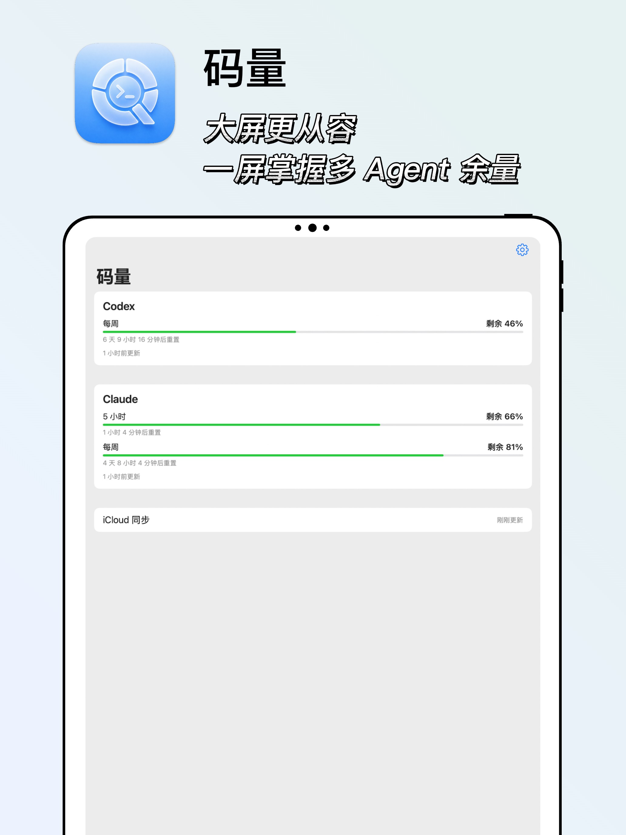 iPad 上的码量首页，宽版式显示 Codex 与 Claude 额度卡片